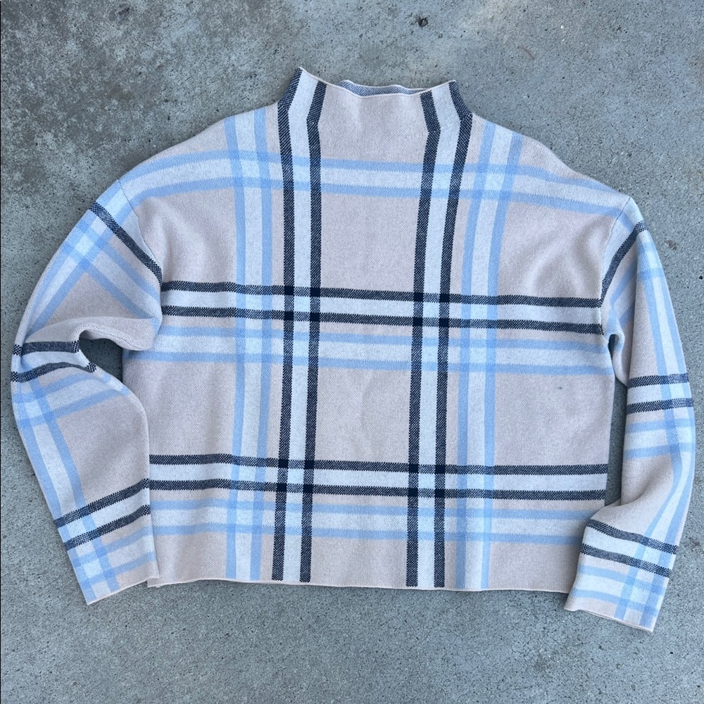 Tahari Blue and Gray Plaid Turtleneck Sweater